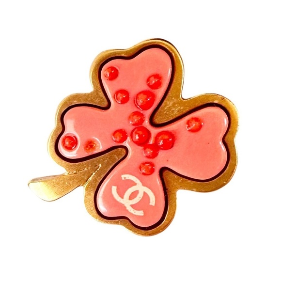 Authentic CHANEL Pink & Gold Four Leaf Clover Shamrock Lucky Charm Brooch Pin - Picture 6 of 10